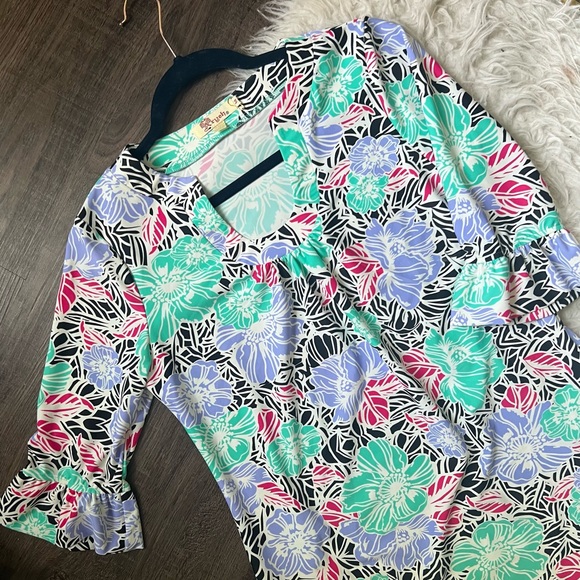 NWOT medium floral ruffle aryeh dress spandex nylon - Picture 1 of 8